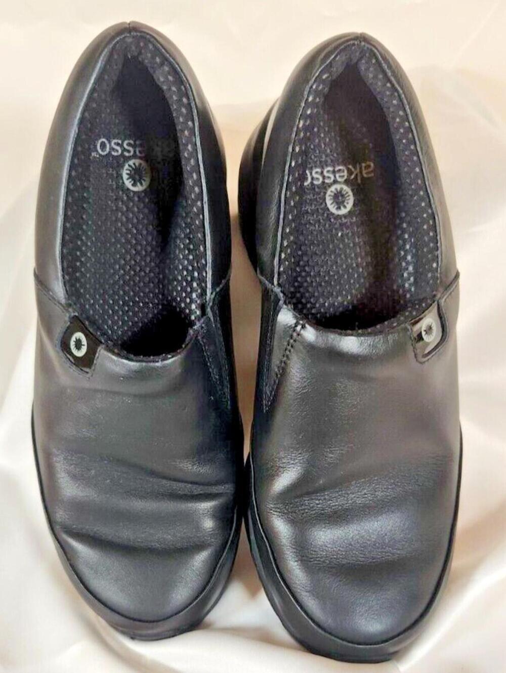 Akesso Sz 6.5 Helia Black Leather Slip On Comfort Nursing Walking Clogs